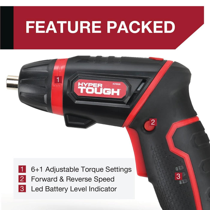 Hyper Tough 4V Max Lithium-Ion Cordless Rotating Power Screwdriver 1/4 inch Size with Charger, Rotating Handle, LED Light, Magnetic Bit Holder & Bits, New Condition