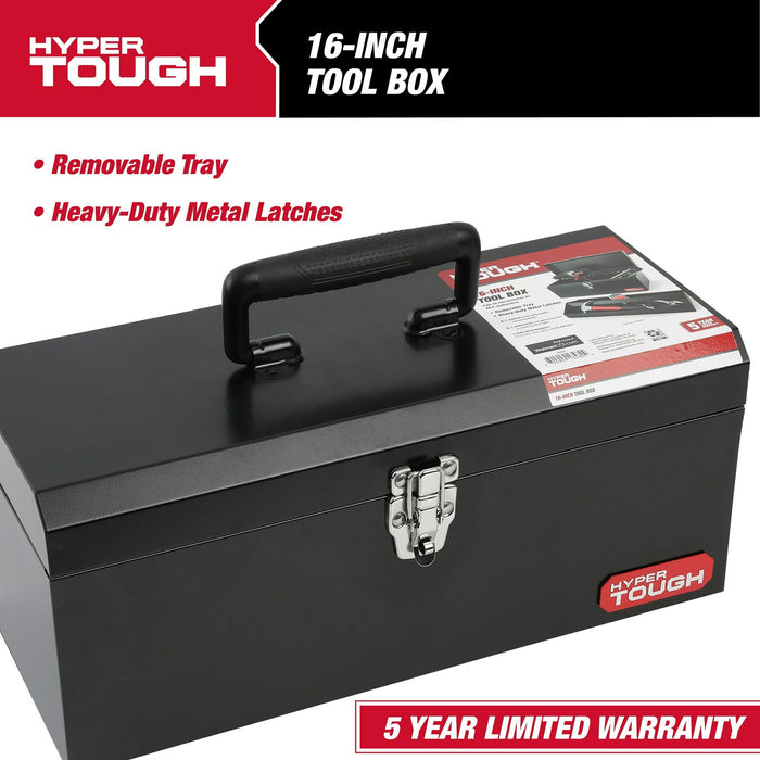 Hyper Tough 16-inch Black Metal Tool Box with Removable Tool Tray