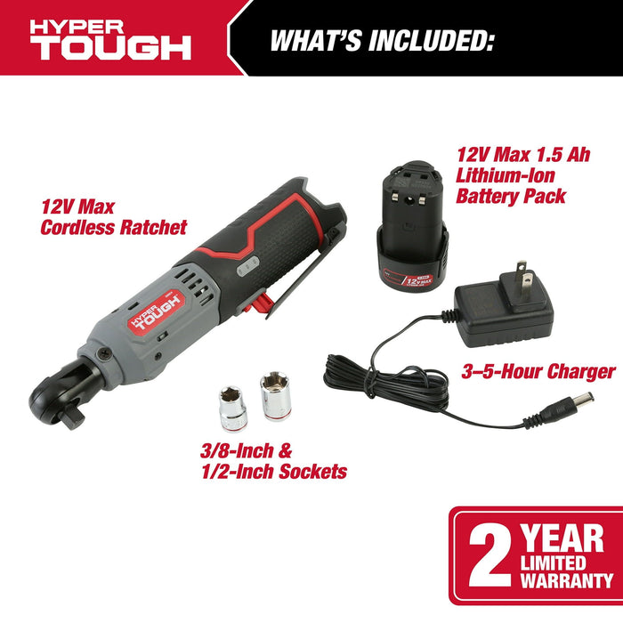 Hyper Tough 12V Max* Lithium-Ion Cordless 3/8-inch Ratchet with 1.5Ah Battery and Charger, 98804, New