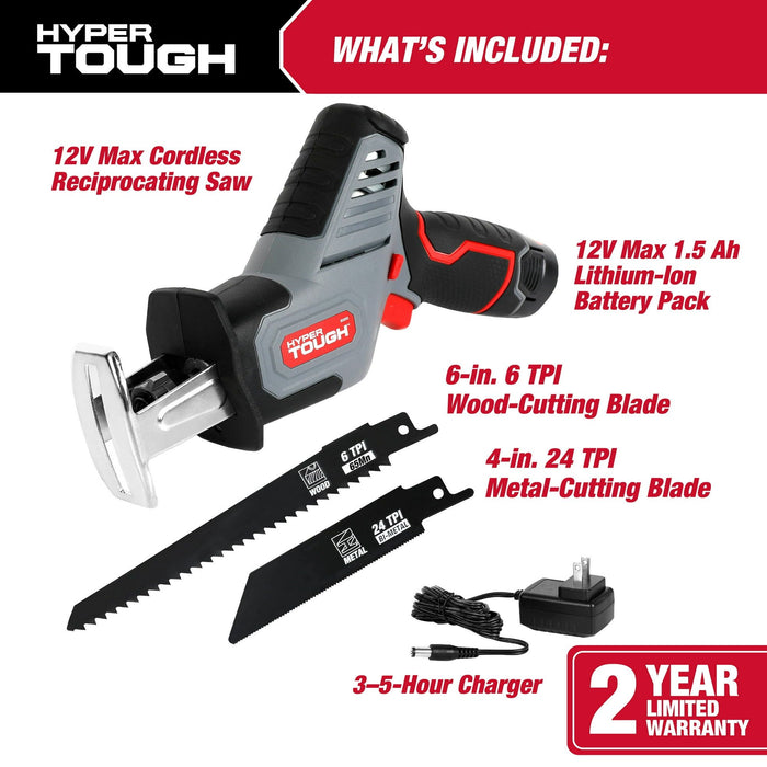 Hyper Tough 12V Max Lithium-Ion Compact Reciprocating Saw with 1.5Ah Battery and Charger, 80005