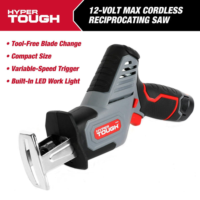 Hyper Tough 12V Max Lithium-Ion Compact Reciprocating Saw with 1.5Ah Battery and Charger, 80005