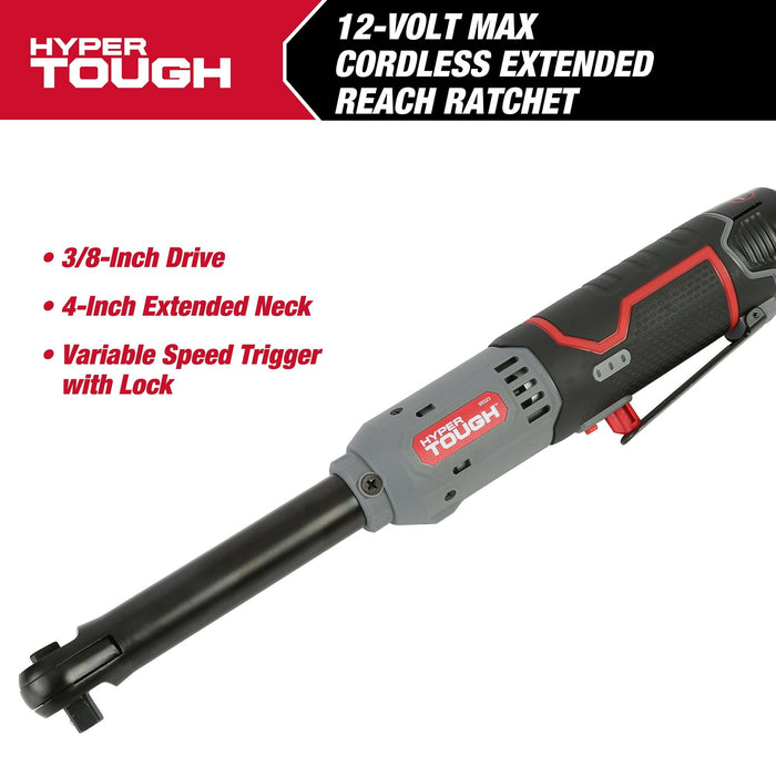 Hyper Tough 12V Max* Lithium-Ion 3/8-inch Cordless Extended Reach Ratchet with 1.5Ah Battery and Charger, 99323