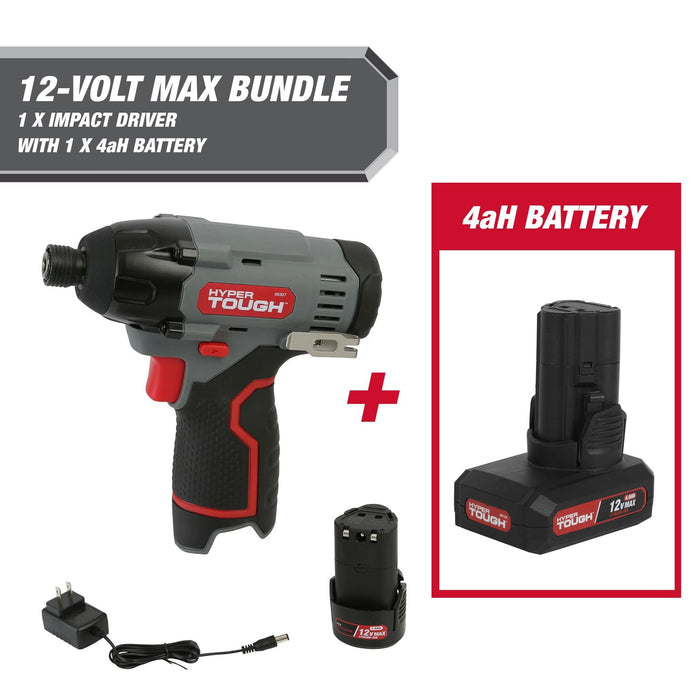 Hyper Tough 12-Volt Cordless Impact Driver Plus 4 Ah Battery