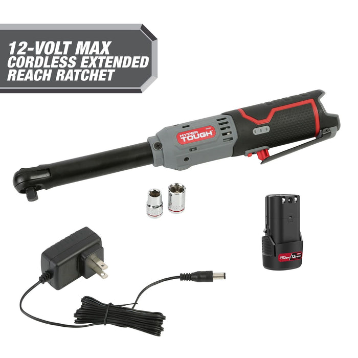 Hyper Tough 12V Cordless Ratchet Bundle, Standard & Extended Reach 3/8-Inch Drive Ratchets, (2) 1.5Ah Batteries & Chargers