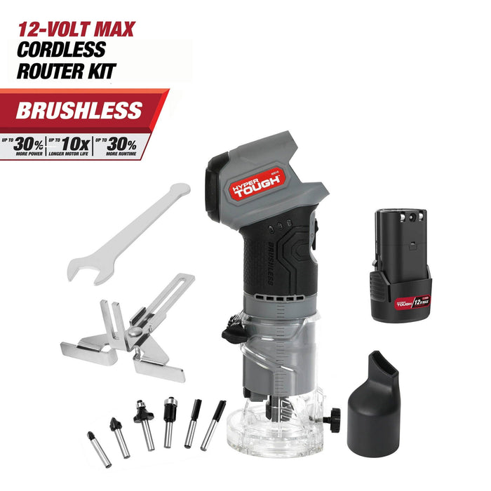 Hyper Tough 12V Max* Brushless Palm Edge Router with 1.5Ah Battery and Charger and Hyper Tough 12Volt 3-inch Disc Brushless Cut-off Tool, 1.5 AH Battery Bundle