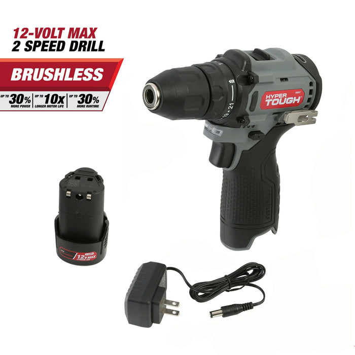 Hyper Tough 12-Volt Cordless Brushless Drill Plus 4 Ah Battery