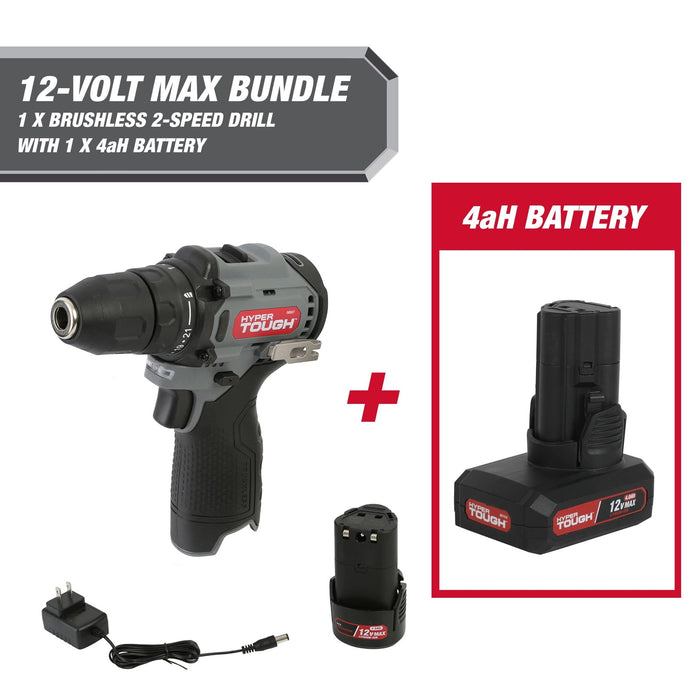 Hyper Tough 12-Volt Cordless Brushless Drill Plus 4 Ah Battery