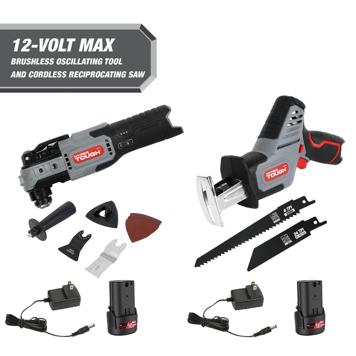 Hyper Tough 12 Volt Max Brushless Oscillating Tool and Cordless Reciprocating Saw with 1.5Ah Battery and Charger Bundle