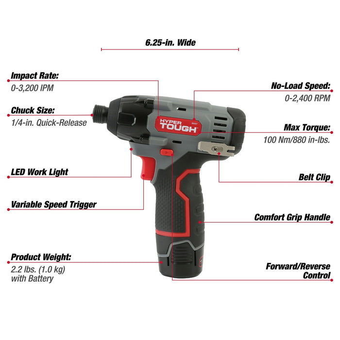 Hyper Tough 12V Max Lithium-Ion Cordless Impact Driver with 1.5Ah Battery and Charger, ?-inch Quick Release Chuck, Model 99307, New