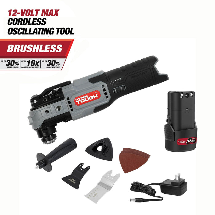 Hyper Tough 12-Volt Cordless Brushless Oscillating Tool Plus 4 Ah Battery