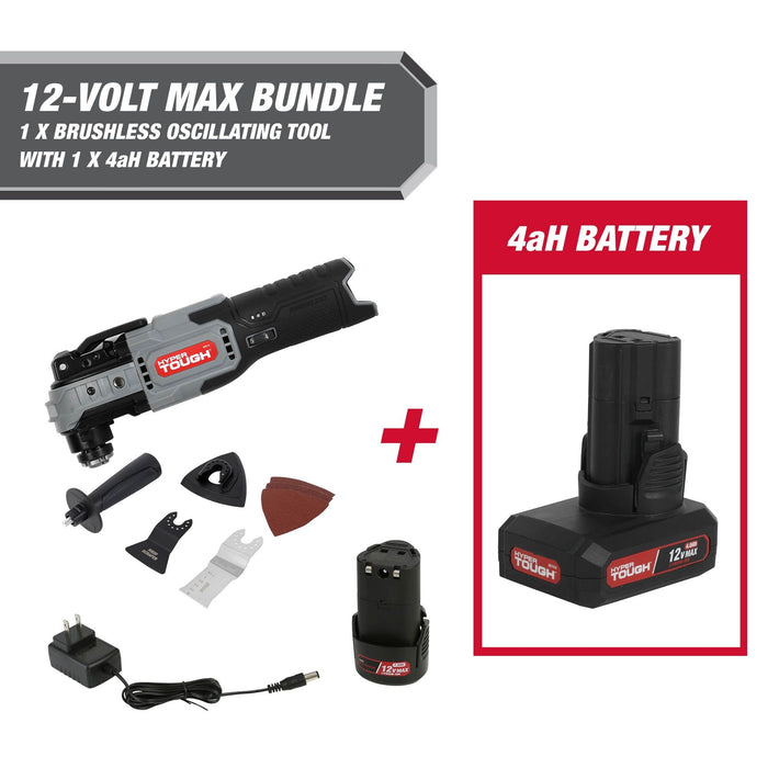 Hyper Tough 12-Volt Cordless Brushless Oscillating Tool Plus 4 Ah Battery