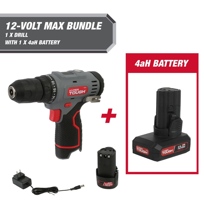 Hyper Tough 12-Volt Cordless Drill Plus 4 Ah Battery, 99303