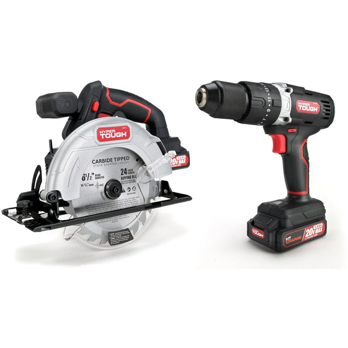 Hyper Tough 20V Cordless 1/2' 2-Speed Hammer Drill & Circular Saw Bundle, (2) 1.5Ah Lithium-Ion Batteries & (2) Chargers