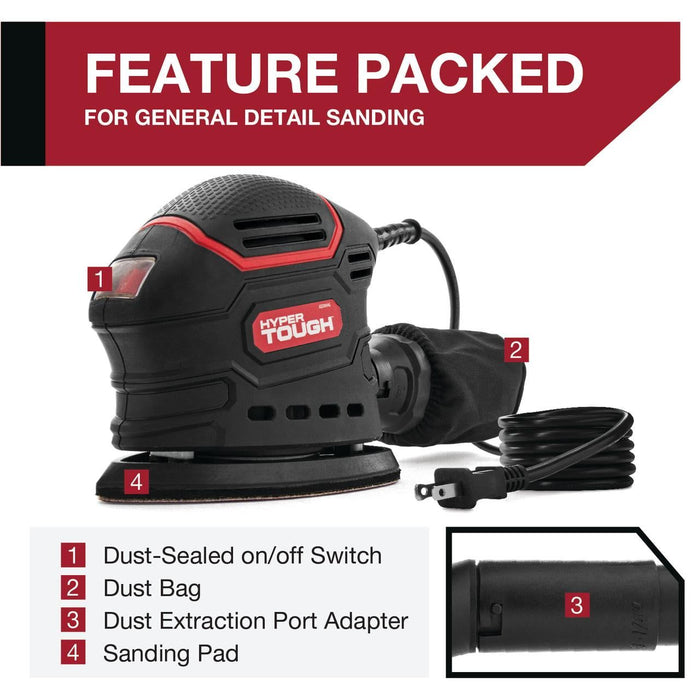 Hyper Tough 1.5 Amp Corded Detail Sander with Dust Bag, Vacuum Hose Adapter & 3 Sanding Sheets, New Condition