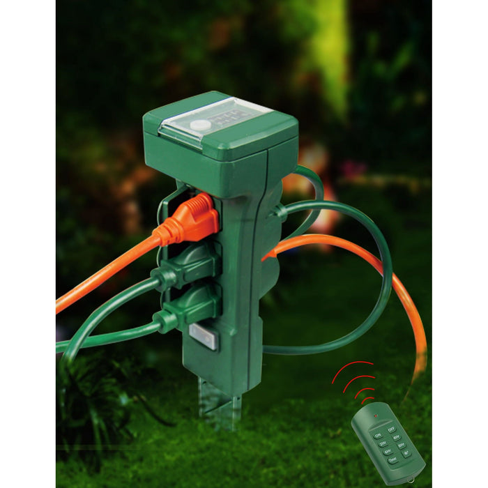 Hyper Tough Outdoor 6-Outlet Power Stake Remote Control with Timer, Green