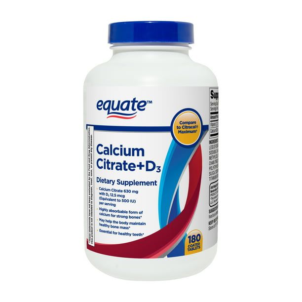 Equate Calcium Citrate + D3 Tablets Dietary Supplement; 630 mg; 180 Count