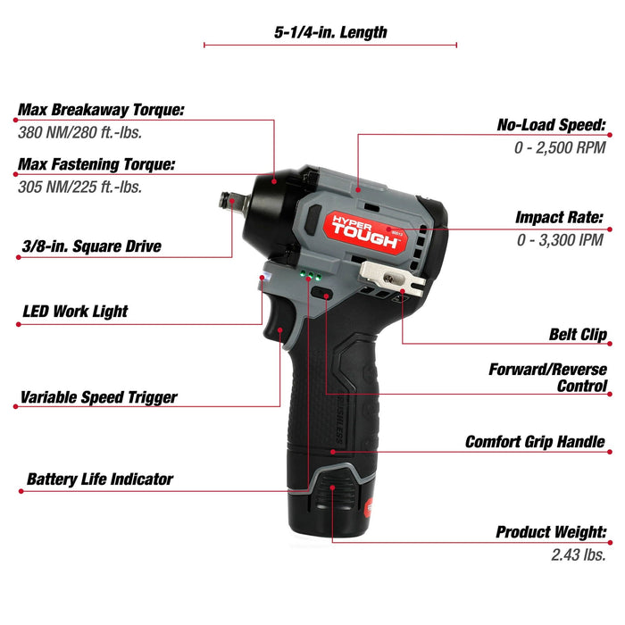 Hyper Tough 12V Max Lithium-Ion Brushless Impact Wrench with 2.0Ah Battery and Charger, 80013, New