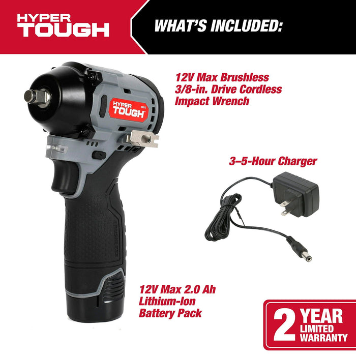 Hyper Tough 12V Max Lithium-Ion Brushless Impact Wrench with 2.0Ah Battery and Charger, 80013, New