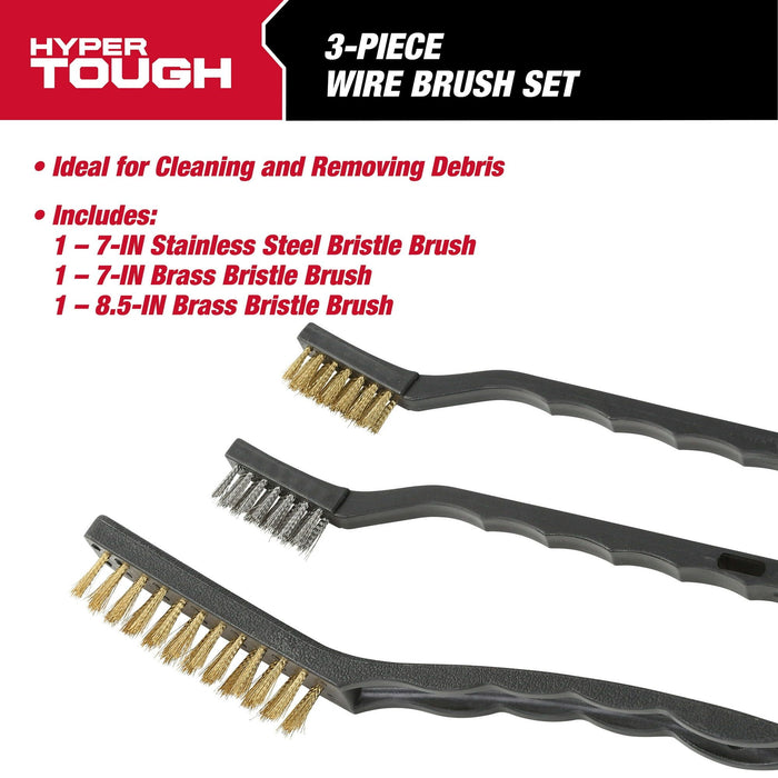 Hyper Tough 3-Piece Wire Brush Set for Utility Cleaning, Brass and Stainless Steel Brushes