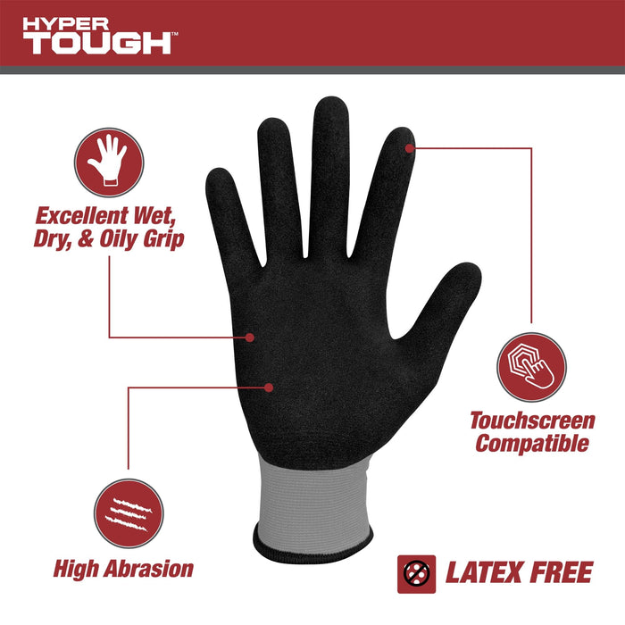 Hyper Tough Performance Grip Gloves, ANSI, Nitrile, Nylon, Spandex, Gray, Large