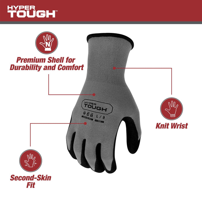 Hyper Tough Performance Grip Gloves, ANSI, Nitrile, Nylon, Spandex, Gray, Large