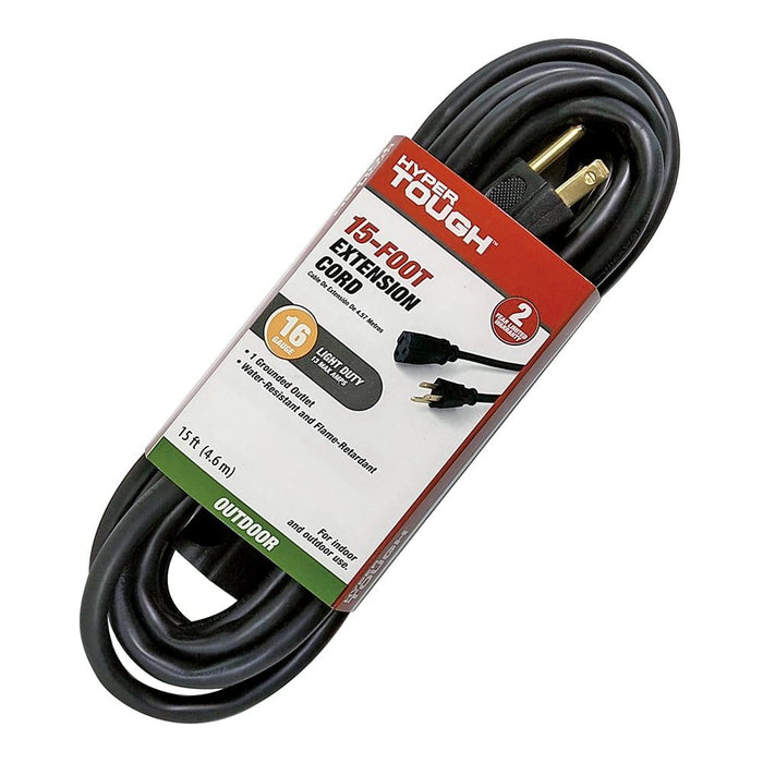 Hyper Tough 15FT 16AWG 3 Prong Black Outdoor Single Outlet Extension Cord