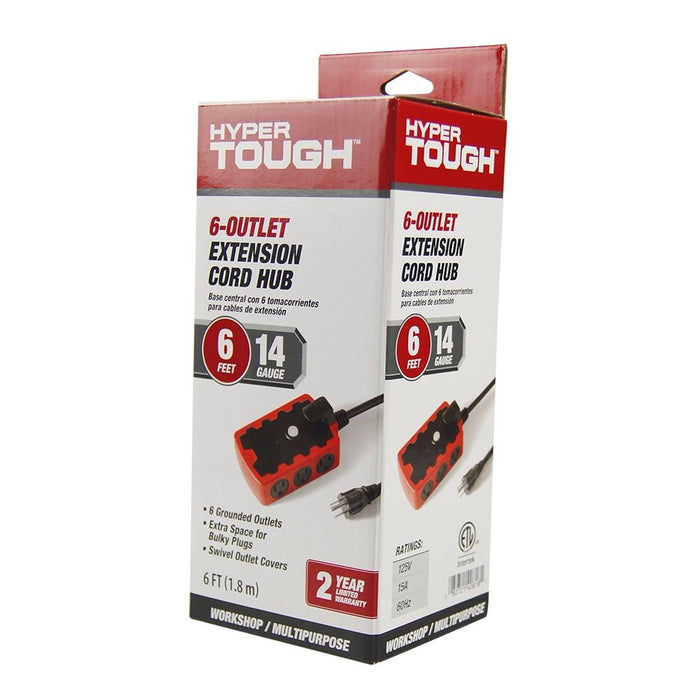 Hyper Tough Outdoor 6-Outlet 6ft Extension Cord Hub, Red/Black