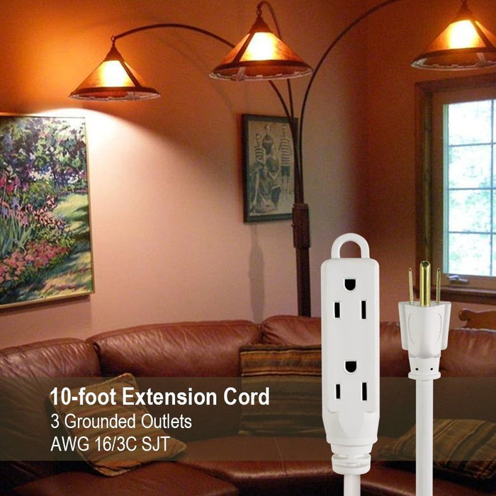 Hyper Tough 10FT 16AWG 3 Prong White Indoor 3-Outlet Extension Cord, 13 amps