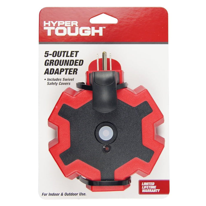 Hyper Tough 5-Outlet Outdoor Extension Cord Power Adapter with Safety Cover, 15 Amps, Red/Black