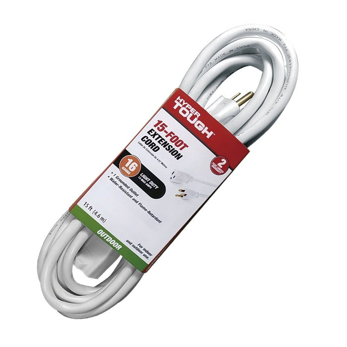 Hyper Tough 15FT 16AWG White for Outdoor/Indoor Use Single Outlet Extension Cord