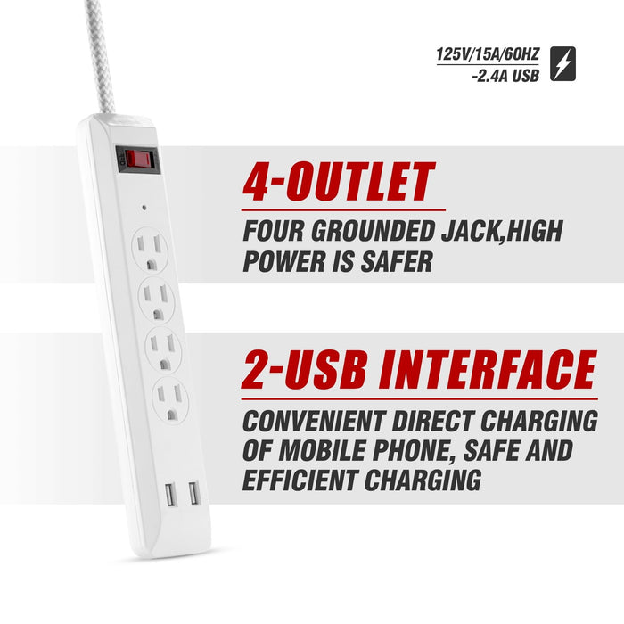 Hyper Tough Indoor 4-Outlet 10ft Surge Protector 900-Joule Protection with 2 USB Ports, White,125V,15A