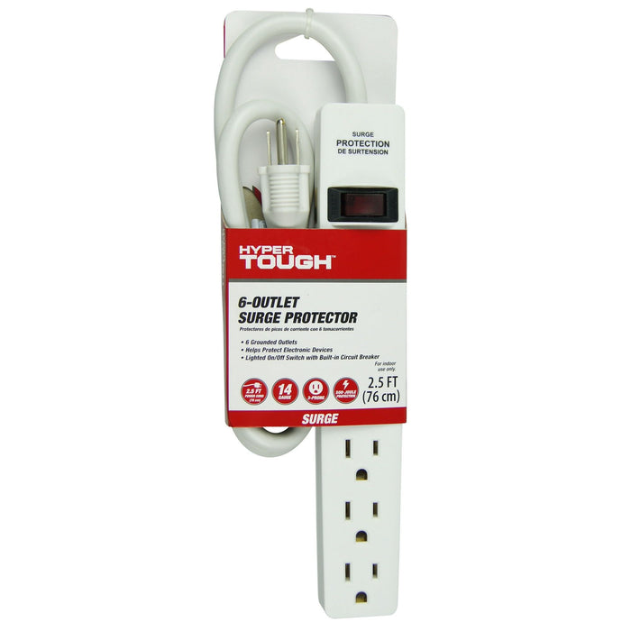 Hyper Tough 6-Outlet Surge Strip with 2.5 ft Cords 500-Joule Protection, White