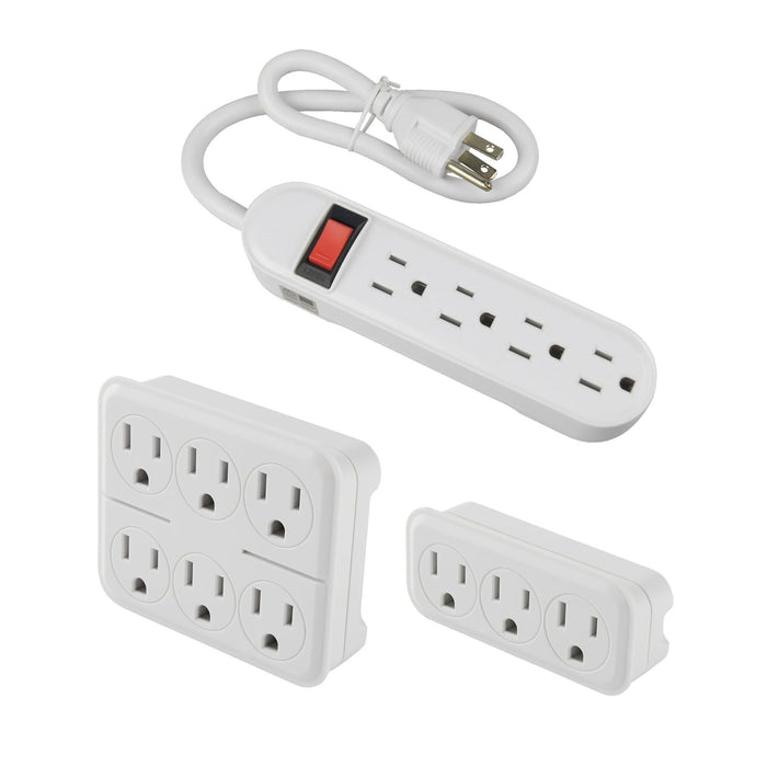 Hyper Tough 3-Piece Power Strip Set Included 4-Outlet Strip and 6 & 3-Outlet Wall Block, White