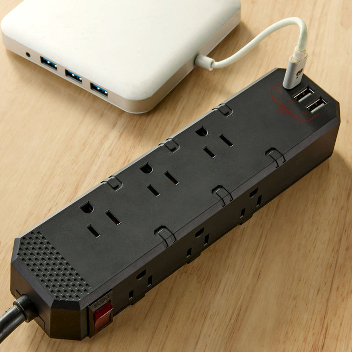 Hyper Tough 6-Outlet 3-USB Indoor Power Strip, Black, 6' Cord, 15 amps