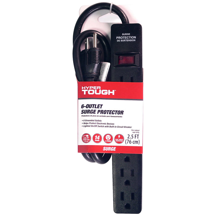 Hyper Tough 6-Outlet 2.5ft Surge Strip 500-Joule Protection, Black