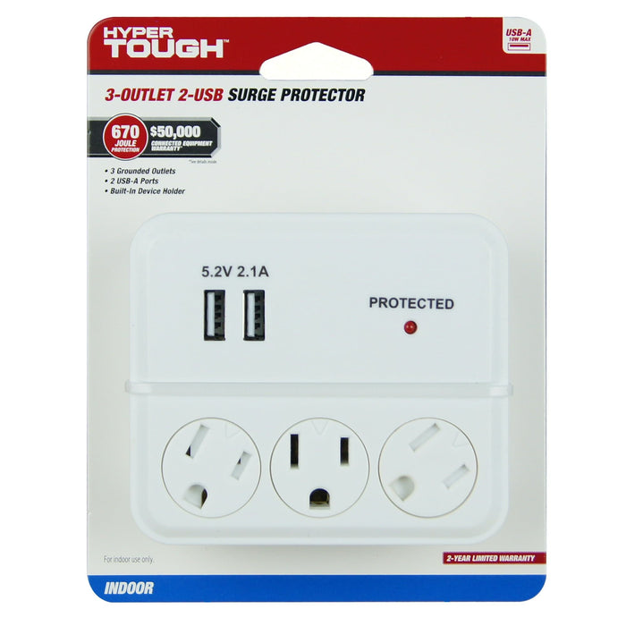 Hyper Tough Indoor 3-Outlet Surge Tap with 2 USB Ports, 15 Amps, White