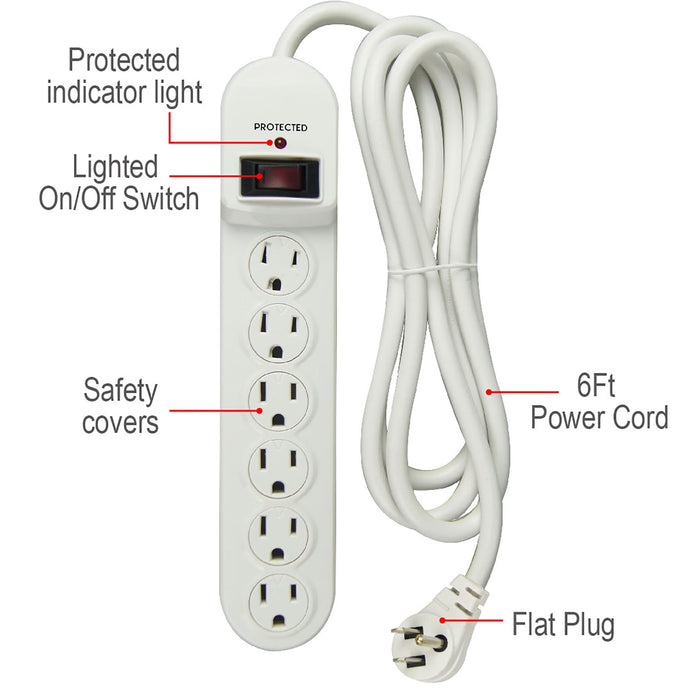 Hyper Tough 6 Outlet 6ft Surge 900-Joule Protection with Glossy White