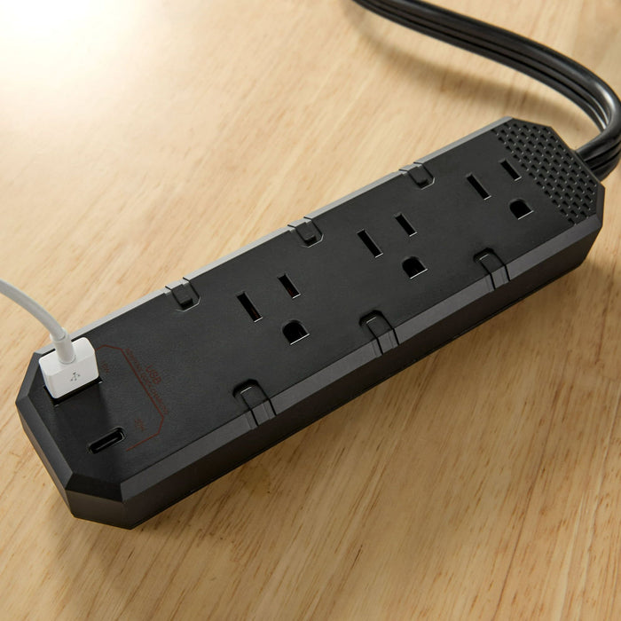 Hyper Tough 3-Outlet 2-USB Indoor Power Strip, Black, 6' Cord, 15 Amps