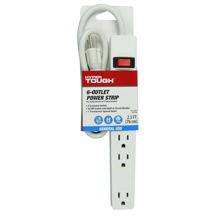 Hyper Tough 6-Outlet 2.5ft Power Strip Included 1-Adapter Space Outlet, White