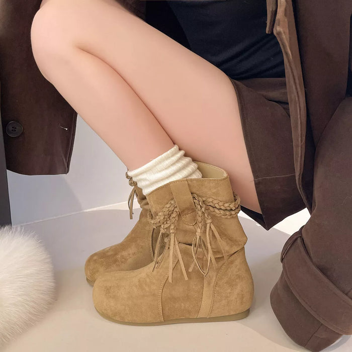 Suede Fringe Round Toe Boots