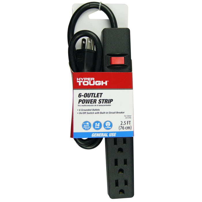 Hyper Tough 6-Outlet 2.5ft Cord Power Strip, Black