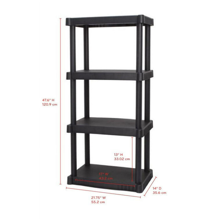 Hyper Tough Plastic 4-Tier Storage Shelves 47.6"H x 21.75"W x 14"D, 240lb Total Capacity, Black