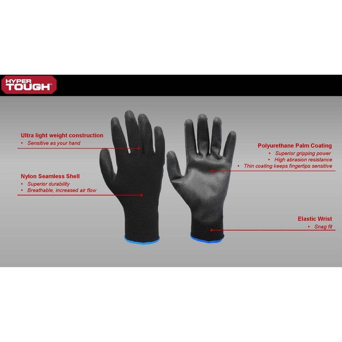 Hyper Tough Nylon Liner PU Dipped Gripping Work Gloves, Full Fingers, Men's Medium Size, 1pair