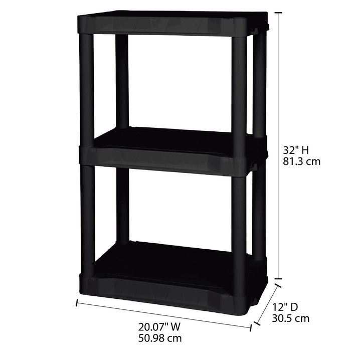 Hyper Tough 20.07"W x 12"D x 32"H 3-shelf Plastic Garage Shelves, Black, 3 Count, 60 lbs per shelf, Adult