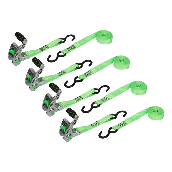 Hyper Tough Brand 1'x14" Aluminium Tie-Downs, Ratchet 500lbs Work Load with S Hooks and Soft Loop 4 - Pack