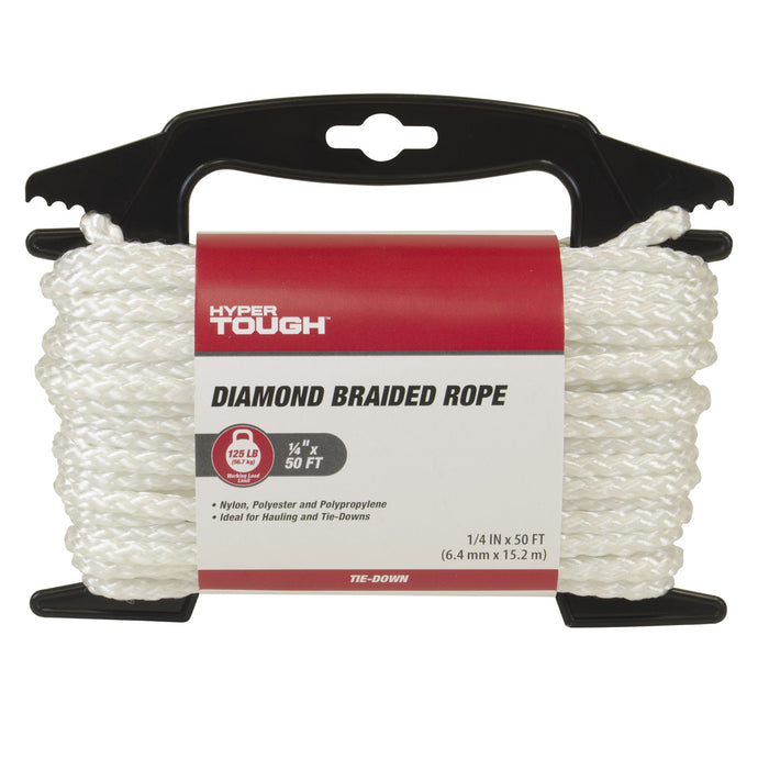 Hyper Tough 1/4" x 50' Nylon Diamond Braided Rope, White