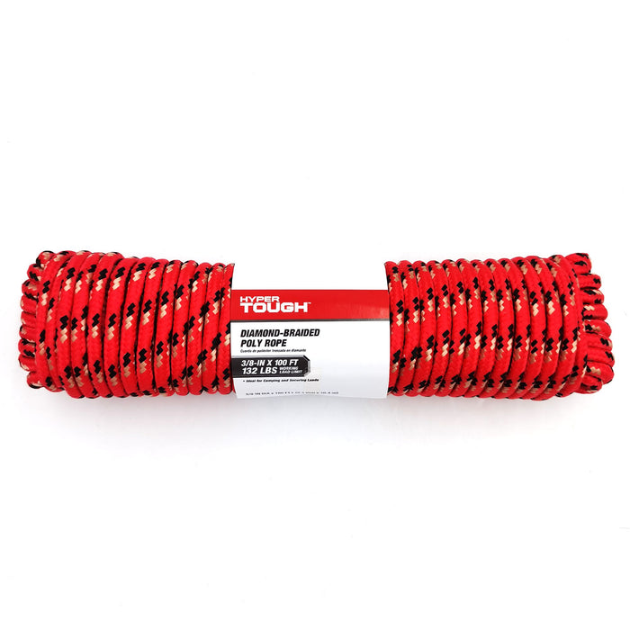 Hyper Tough 3/8 inch x 100 ft, Diamond Braided Polypropylene Rope, Red