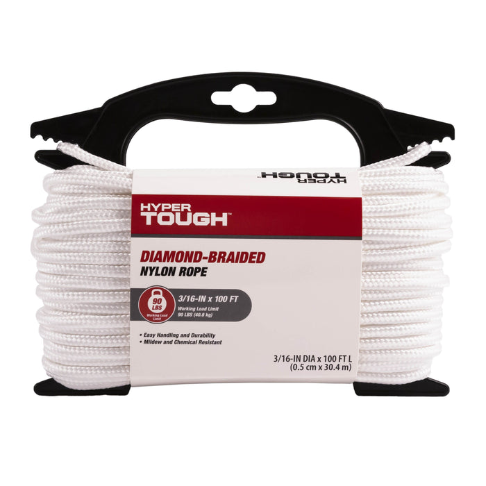 Hyper Tough, Item ND6100-HT, Nylon Blend Diamond Braid Rope, White, 3/16" x 100', 1 Each