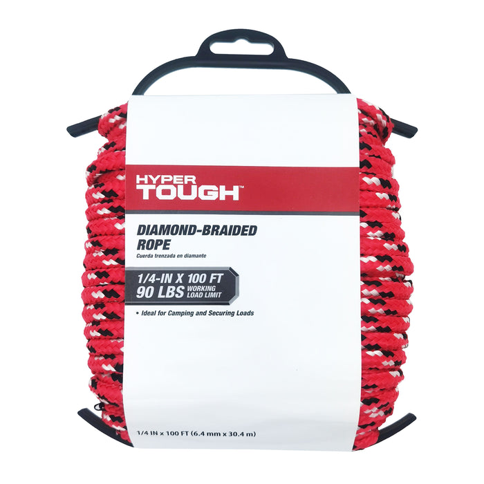 Hyper Tough Polypropylene, Diamond Braided Rope, Red, 1/4 inch x 100 feet