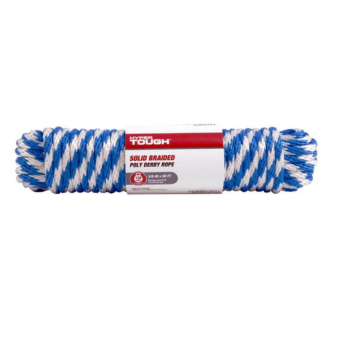 Hyper Tough Item# BWSBP850W-P-HT, Polypropylene Solid Braid Rope, Blue and White, 3/8" x 50', 1 Each